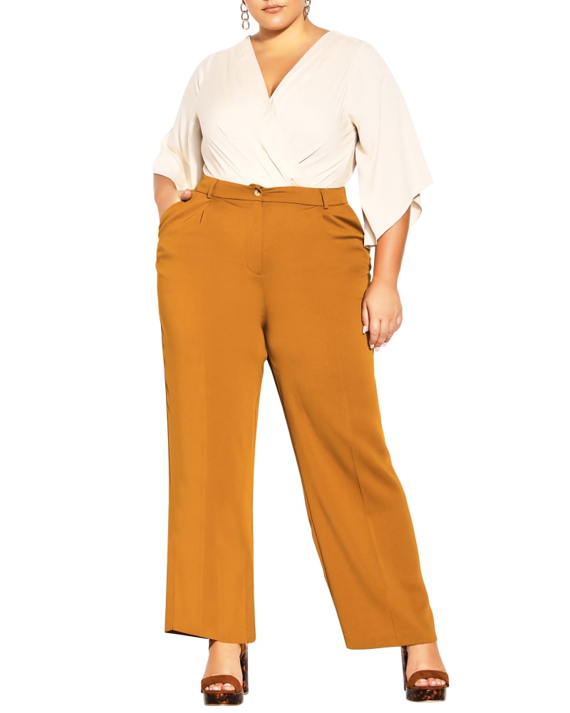 Front of a model wearing a size 14 Clarissa Pant in Dark Gold by City Chic. | dia_product_style_image_id:234410